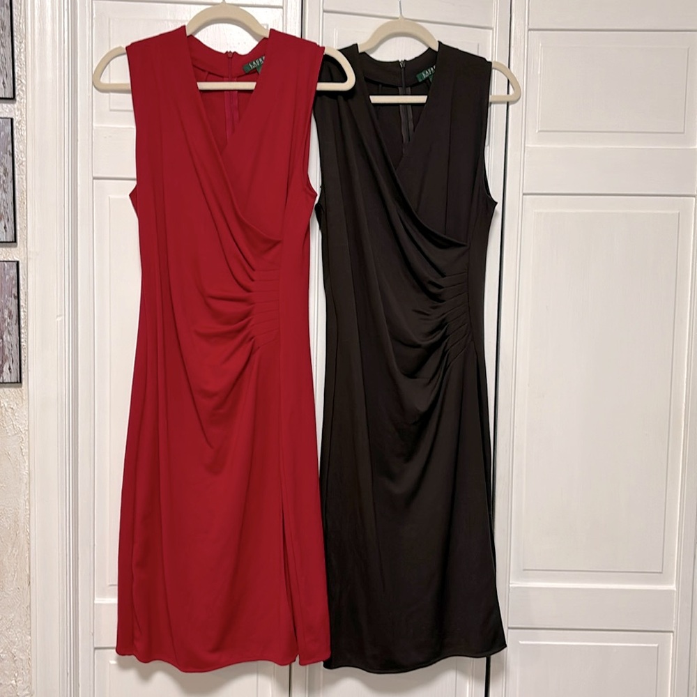 Lauren Ralph Lauren, 2 identical style dresses size S. One deep red, one brown